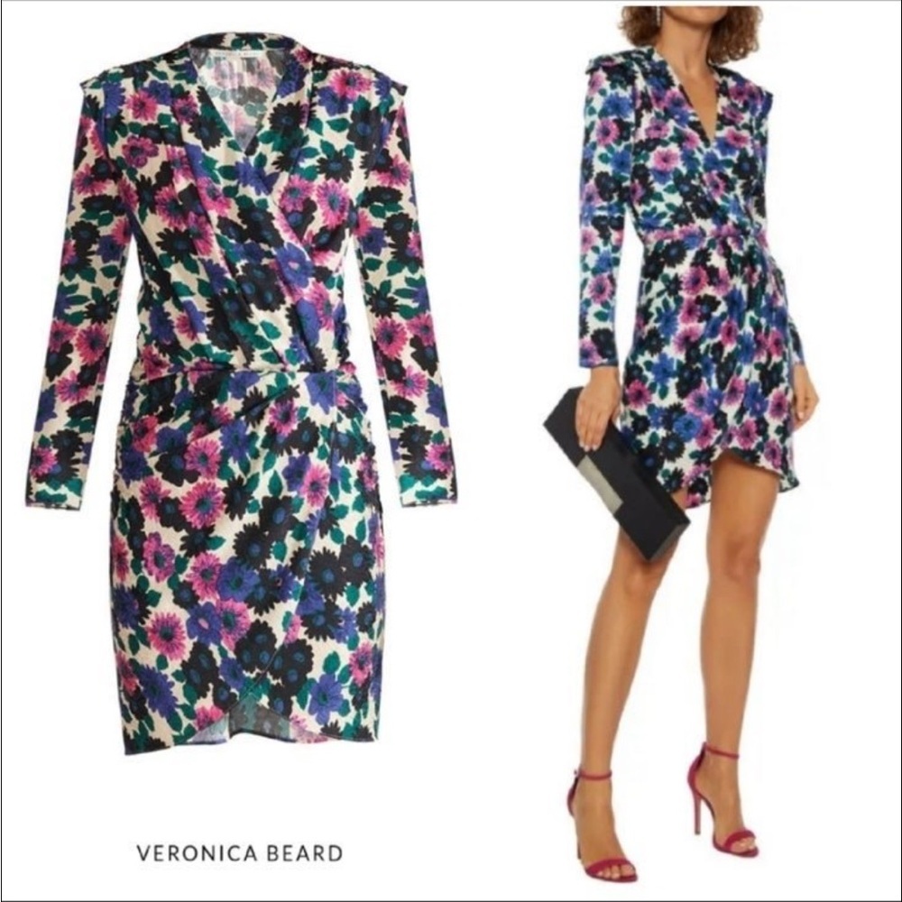Veronica Beard Burma Wrap-Effect Floral-Print Long Sleeve Silk Mini Dress SZ 14